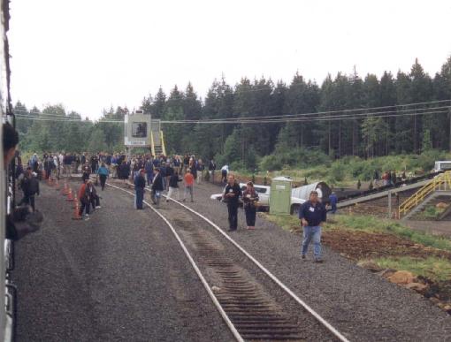 view of crowd at rock crusher at Tonquin Pit