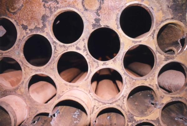 View of the flues and front tube sheet in the smokebox