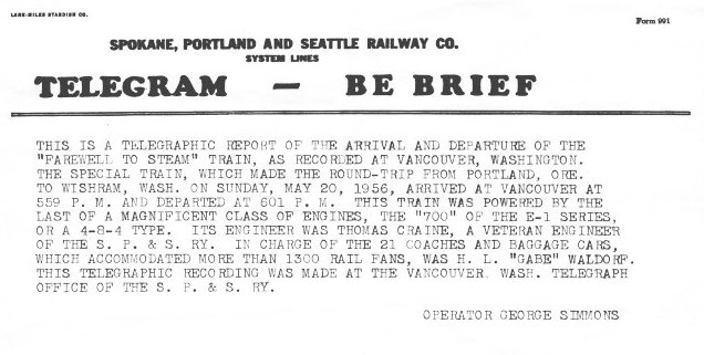 SP&S telegrapher's account of the passing of the "Farewell to Steam" by Vancouver, WA